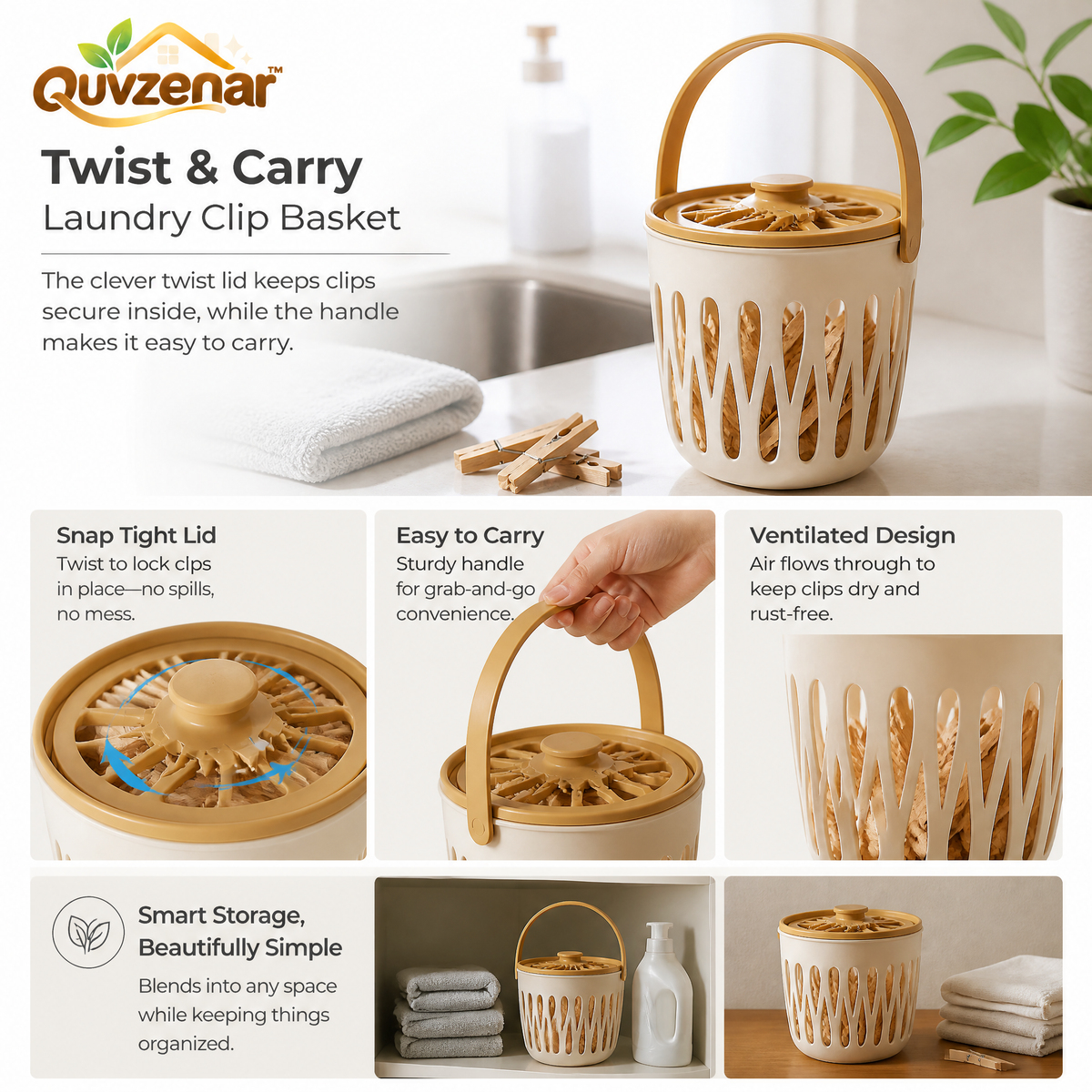 𝒒𝒖𝒗𝒛𝒆𝒏𝒂𝒓™ Twist & Carry Ventilated Laundry Clip Basket — view 4