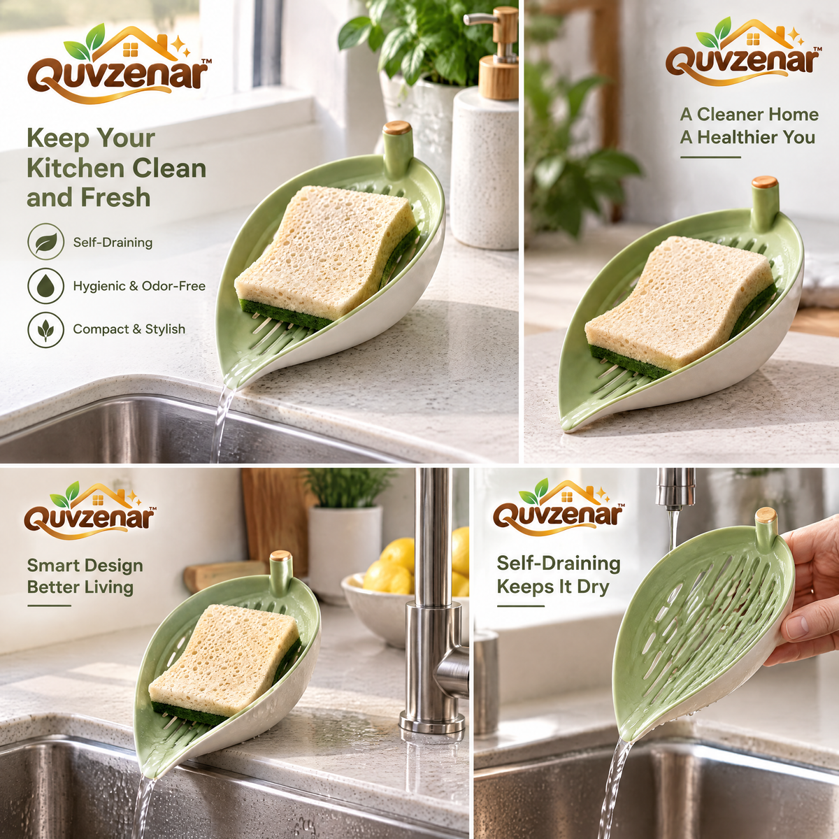𝒒𝒖𝒗𝒛𝒆𝒏𝒂𝒓™ Leaf Drain Countertop Sponge Holder — view 2