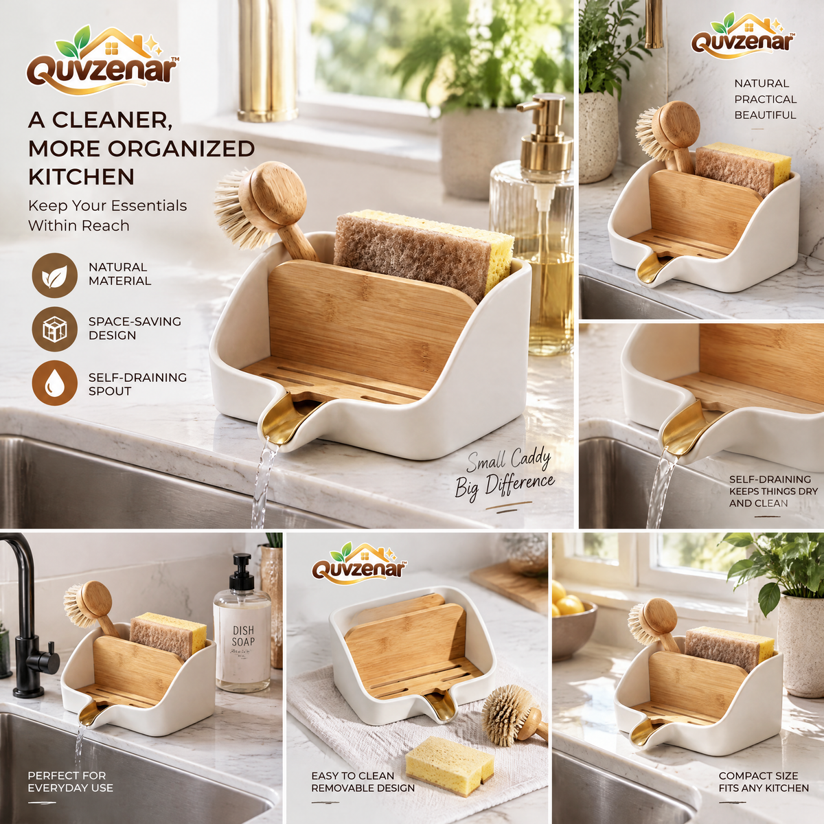 𝒒𝒖𝒗𝒛𝒆𝒏𝒂𝒓™ Natural Sink Caddy with Drainage Spout — view 2