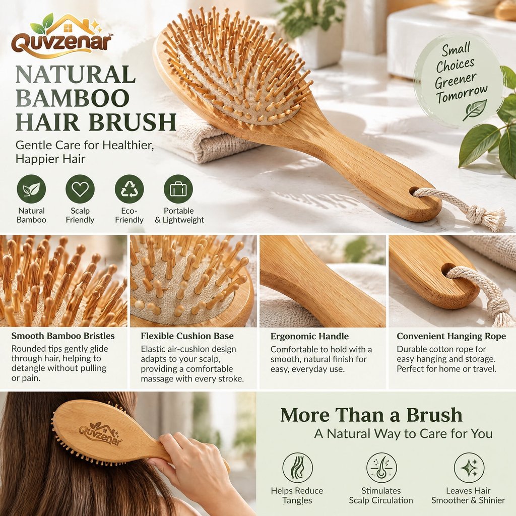 𝒒𝒖𝒗𝒛𝒆𝒏𝒂𝒓™ Natural Bamboo Hair Brush with Wide Bristles — view 2