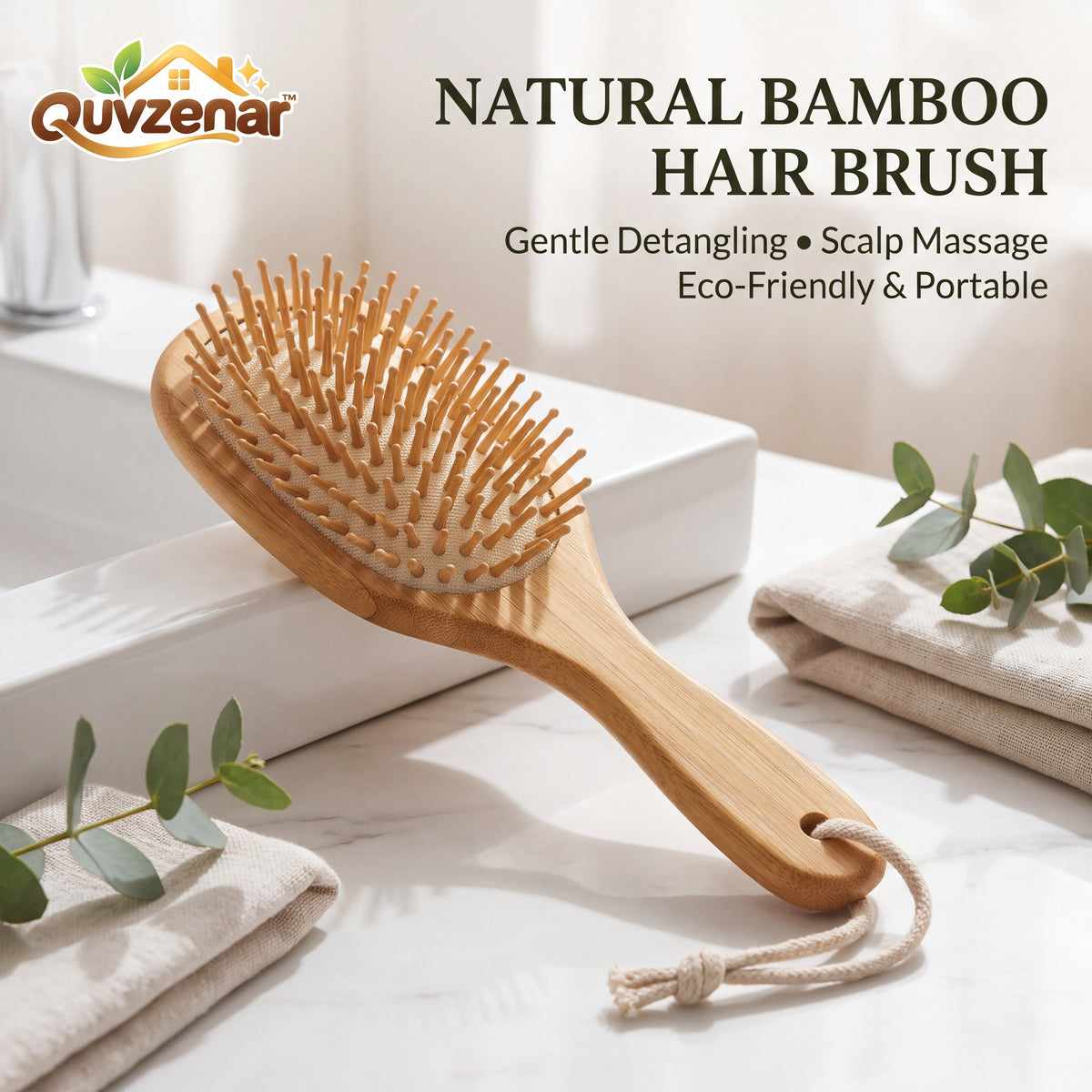𝒒𝒖𝒗𝒛𝒆𝒏𝒂𝒓™ Natural Bamboo Hair Brush with Wide Bristles — view 4