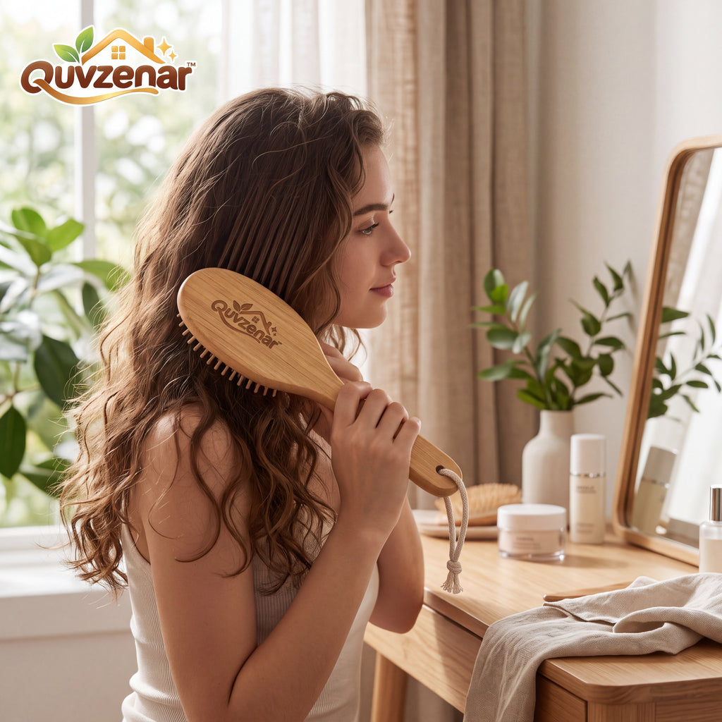 𝒒𝒖𝒗𝒛𝒆𝒏𝒂𝒓™ Natural Bamboo Hair Brush with Wide Bristles — view 5