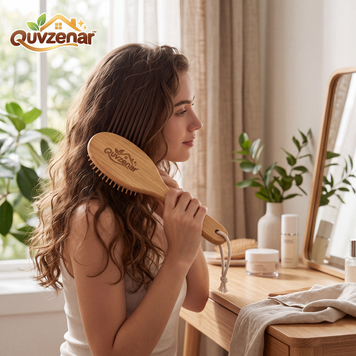 𝒒𝒖𝒗𝒛𝒆𝒏𝒂𝒓™ Natural Bamboo Hair Brush with Wide Bristles — view 5